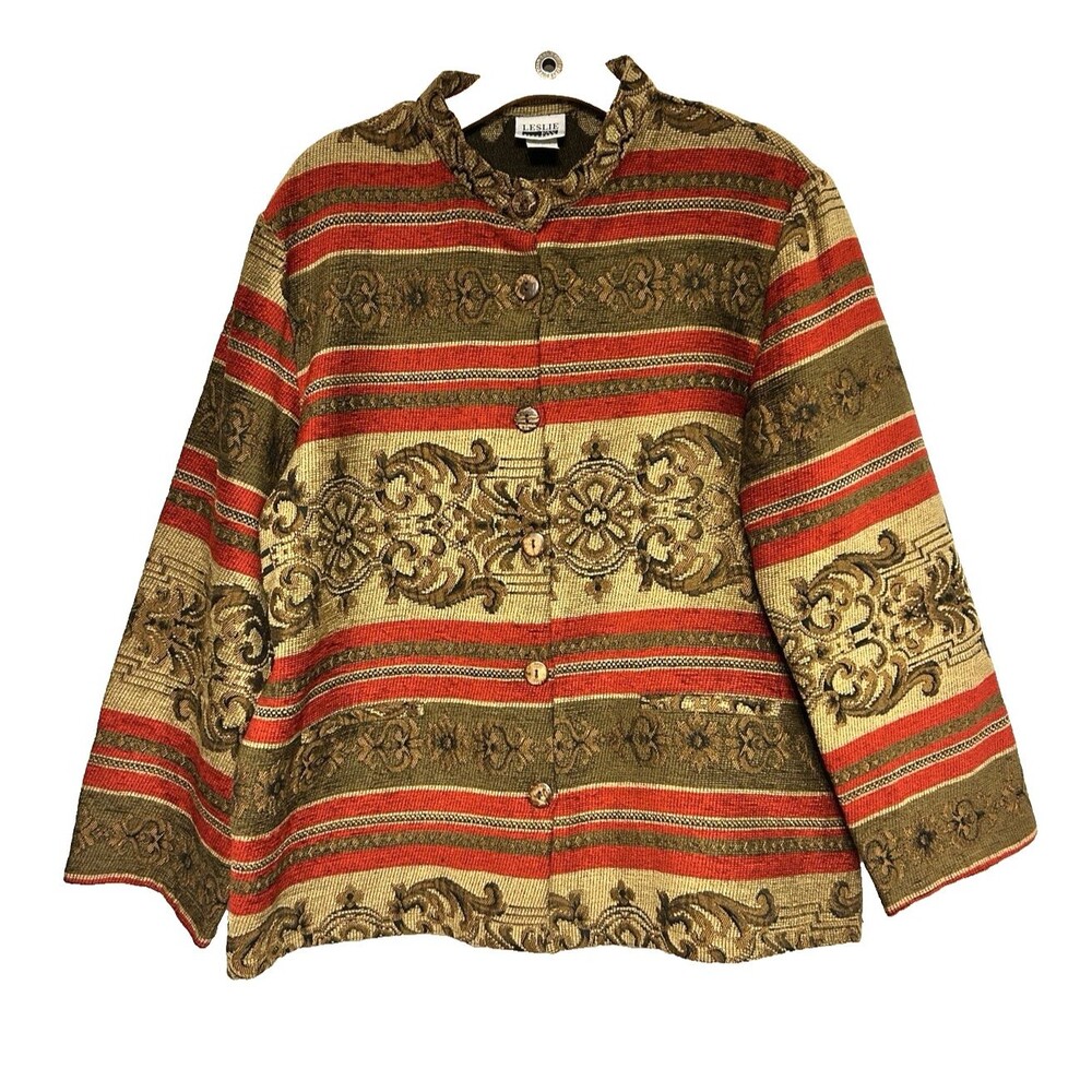 VTG  Floral Brocade Tapestry Button Up Red Green LS Jacket Leslie Fay Women 16